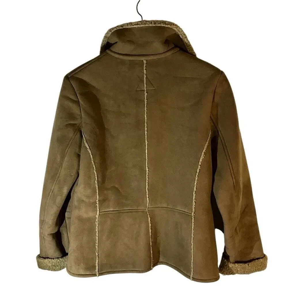 Fjall Sherpa Jacket, Small. Brown Pockets. Faux Suede, Shearling. Thick and warm